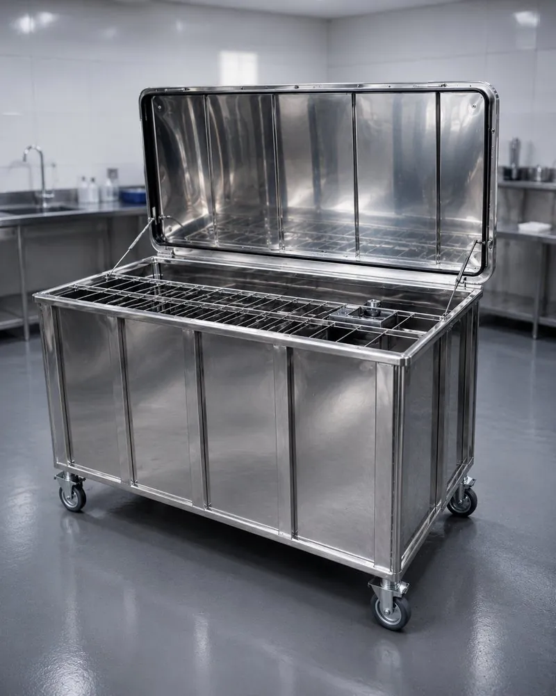 Carro/tanque em aço inox com tampa basculante e rodízios fabricado pela Fox Inox